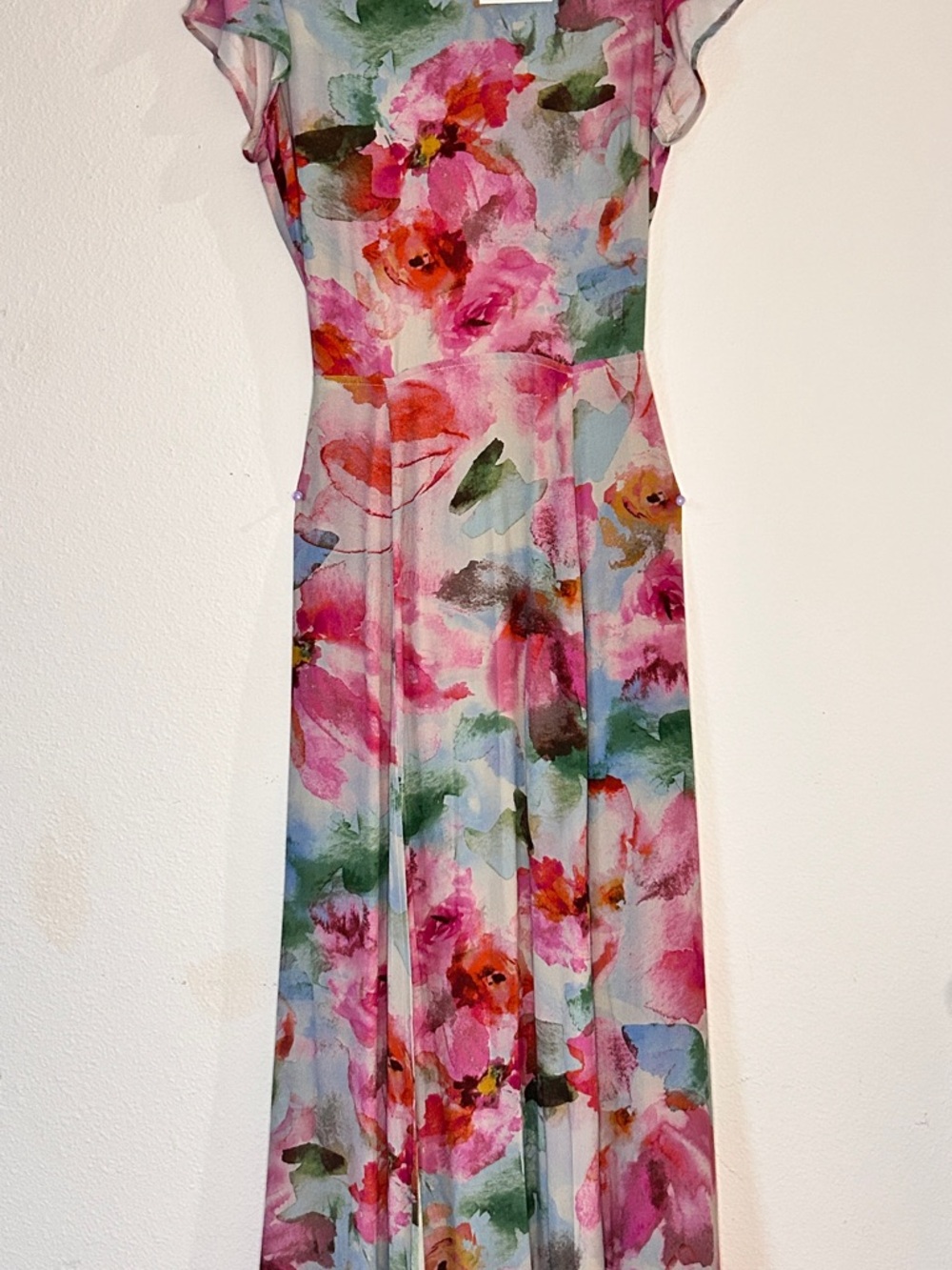 Watercolor Floral Pink Maxi Dress with Cap Sleeves
